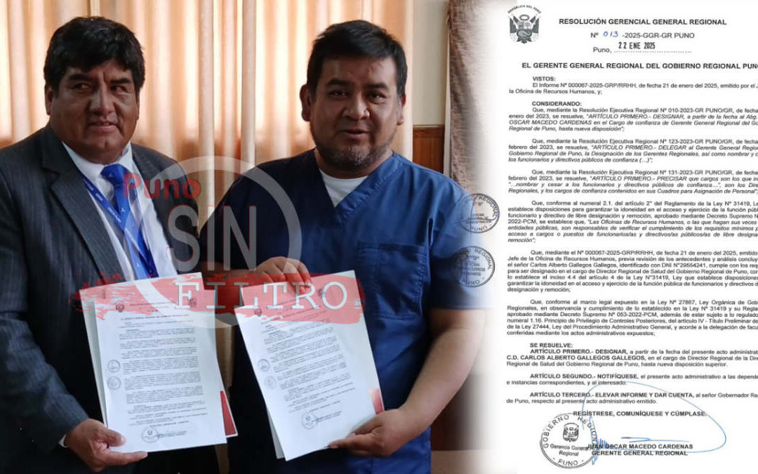 CARLOS GALLEGOS ES EL NUEVO TITULAR DE LA DIRESA PUNO, EN REEMPLAZO DE RENUNCIANTE JEAN PAUL VALENCIA