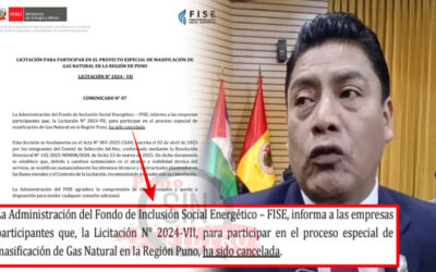 FISE CANCELÓ LICITACIÓN DE PROYECTO DE «MASIFICACIÓN DEL GAS EN PUNO, POR CAMBIO DE PLANES
